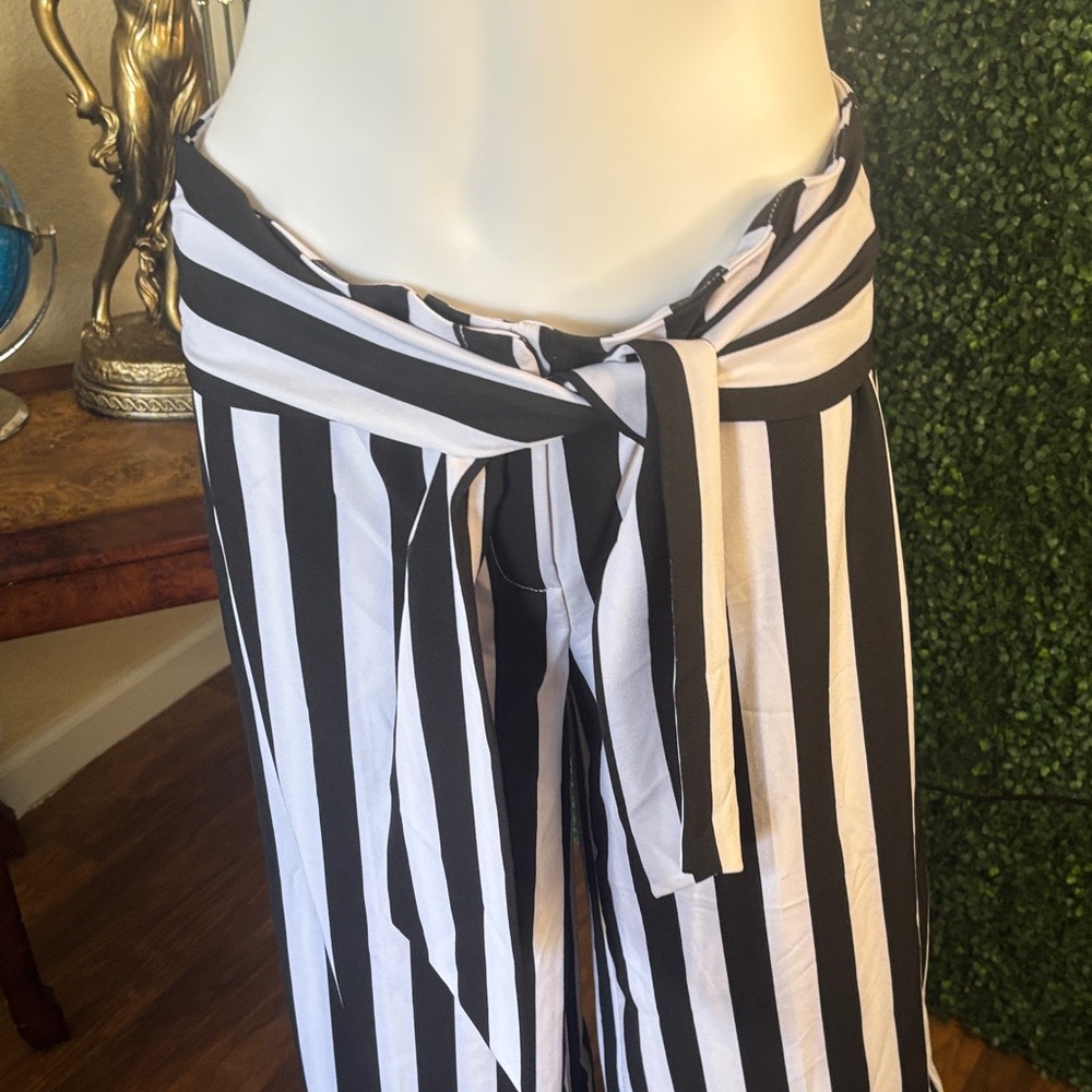 New York & Company Black and White Vertical Stripe Wide-Leg Pants with Waist Tie